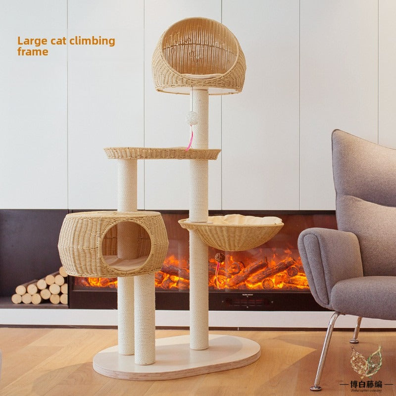 Large Solid Wood Cat Tree with Sisal Posts & Wicker Bed, Handwoven Natural Pet Furniture