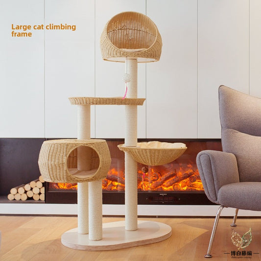 Large Solid Wood Cat Tree with Sisal Posts & Wicker Bed, Handwoven Natural Pet Furniture