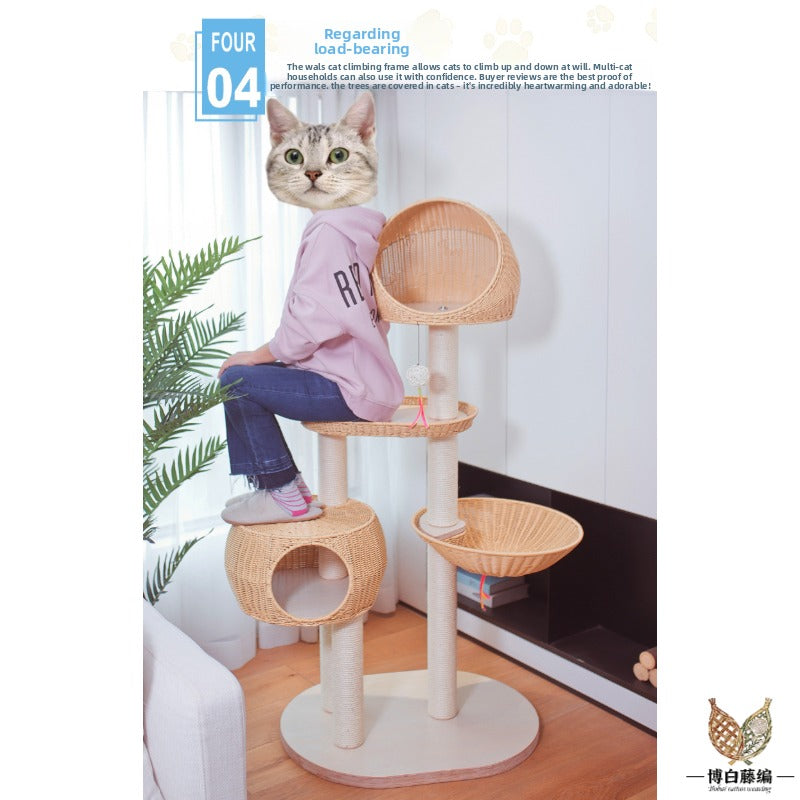 Large Solid Wood Cat Tree with Sisal Posts & Wicker Bed, Handwoven Natural Pet Furniture