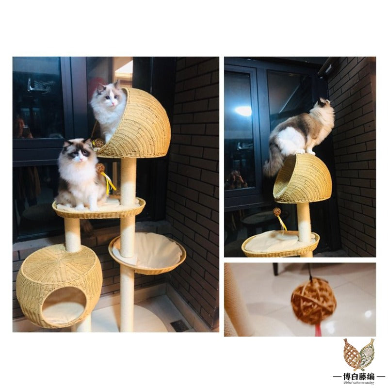 Large Solid Wood Cat Tree with Sisal Posts & Wicker Bed, Handwoven Natural Pet Furniture