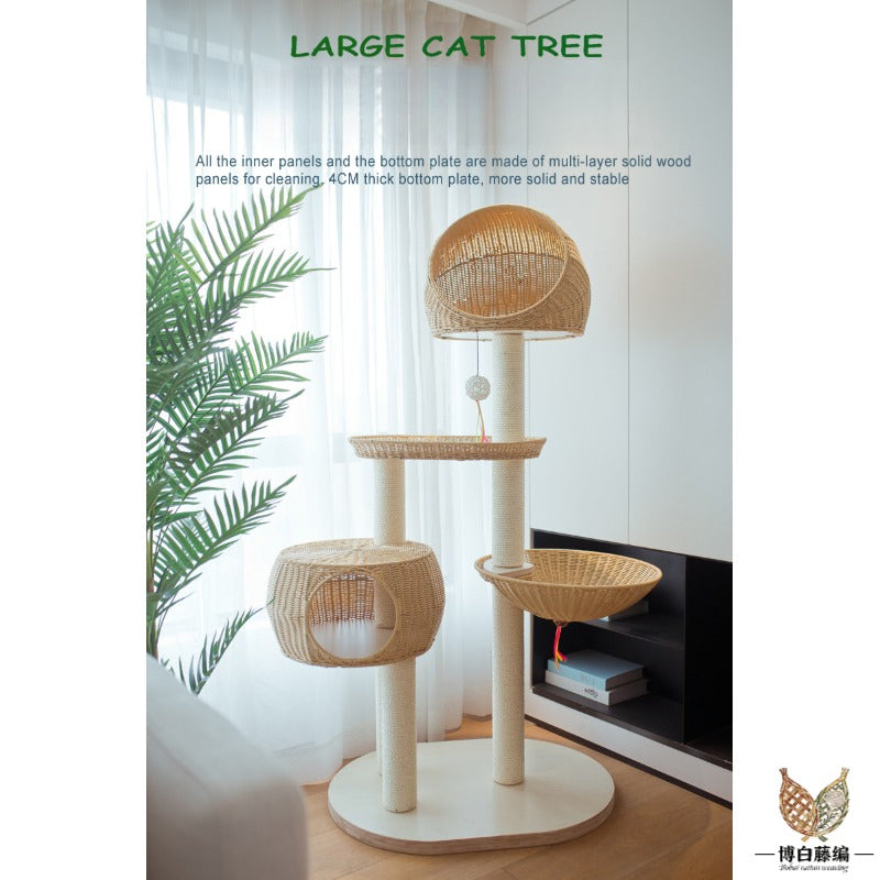 Large Solid Wood Cat Tree with Sisal Posts & Wicker Bed, Handwoven Natural Pet Furniture