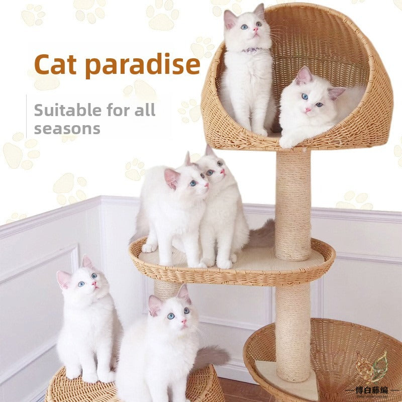 Large Solid Wood Cat Tree with Sisal Posts & Wicker Bed, Handwoven Natural Pet Furniture