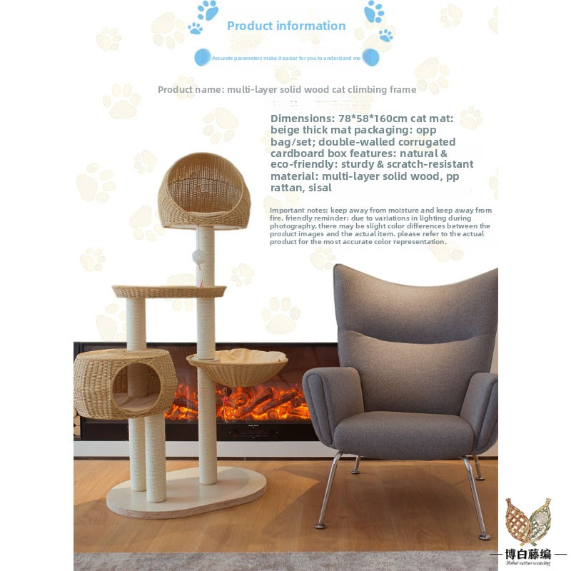 Large Solid Wood Cat Tree with Sisal Posts & Wicker Bed, Handwoven Natural Pet Furniture