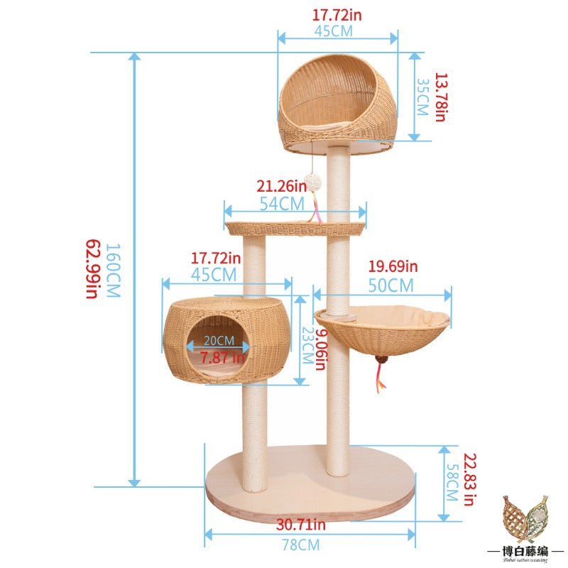 Large Solid Wood Cat Tree with Sisal Posts & Wicker Bed, Handwoven Natural Pet Furniture