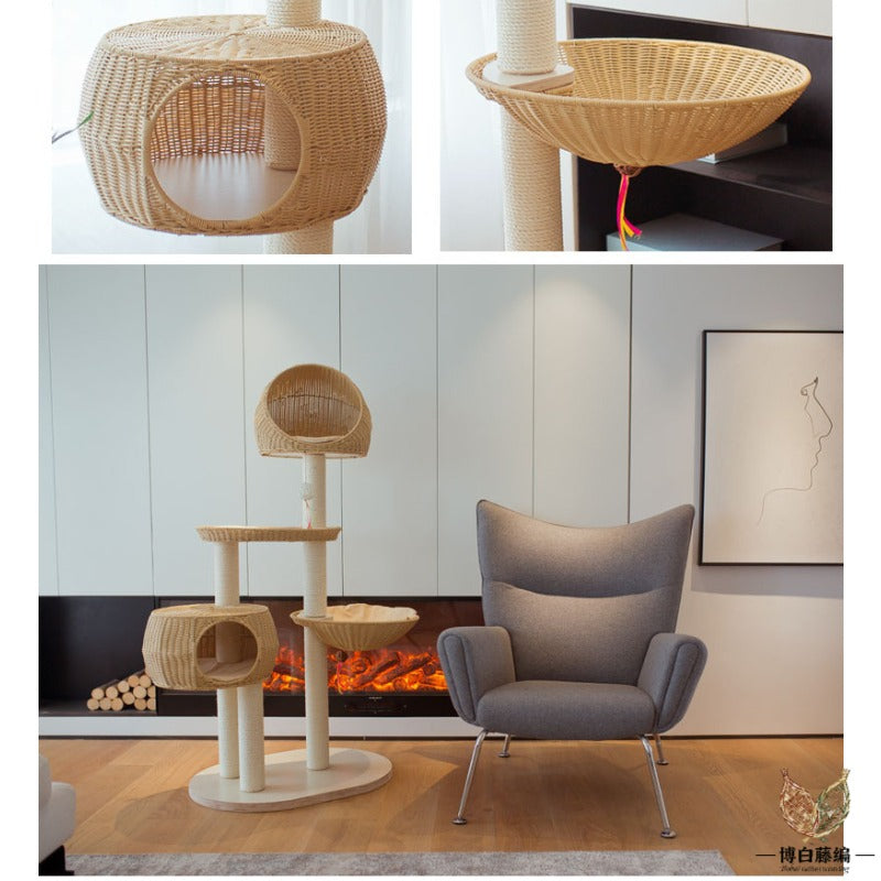 Large Solid Wood Cat Tree with Sisal Posts & Wicker Bed, Handwoven Natural Pet Furniture