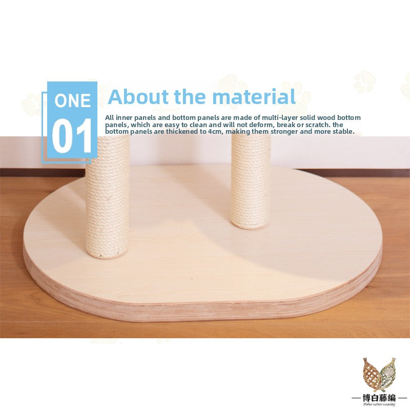 Large Solid Wood Cat Tree with Sisal Posts & Wicker Bed, Handwoven Natural Pet Furniture
