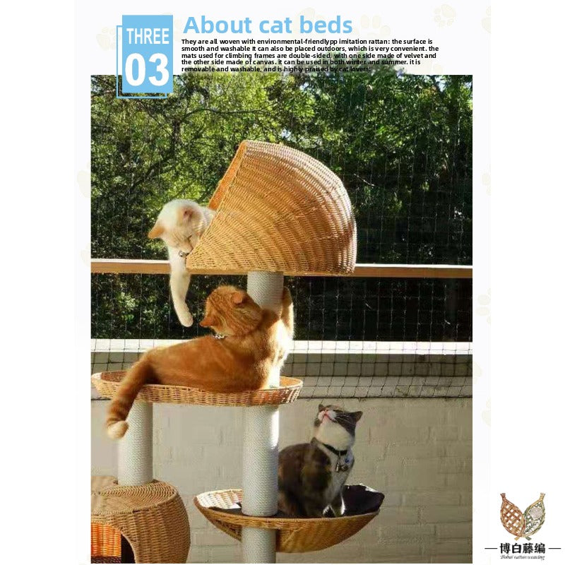 Large Solid Wood Cat Tree with Sisal Posts & Wicker Bed, Handwoven Natural Pet Furniture