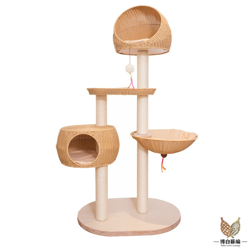 Large Solid Wood Cat Tree with Sisal Posts & Wicker Bed, Handwoven Natural Pet Furniture