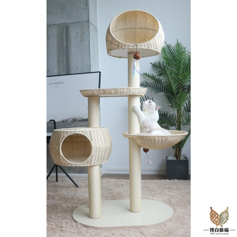 Large Solid Wood Cat Tree with Sisal Posts & Wicker Bed, Handwoven Natural Pet Furniture