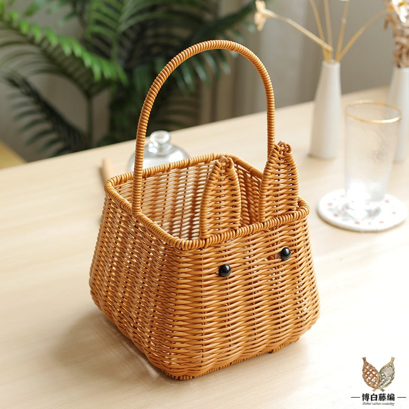 Handwoven Rattan Basket, New Style Bunny Fruit Storage, Rustic Wedding Photography Prop, Eco-Friendly, Natural