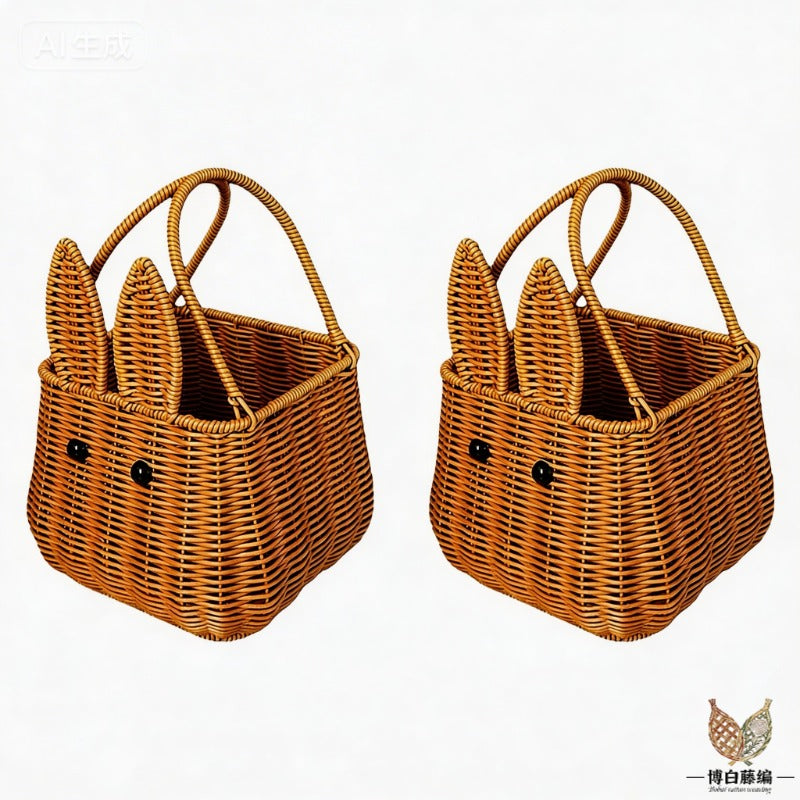 Handwoven Rattan Basket, New Style Bunny Fruit Storage, Rustic Wedding Photography Prop, Eco-Friendly, Natural
