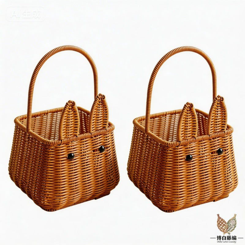 Handwoven Rattan Basket, New Style Bunny Fruit Storage, Rustic Wedding Photography Prop, Eco-Friendly, Natural