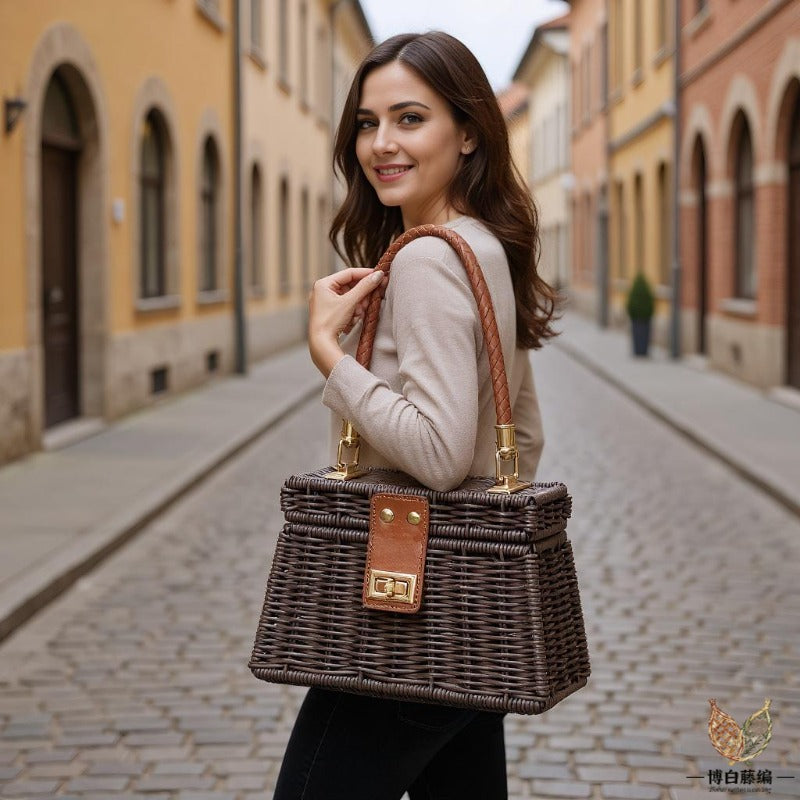 Handmade Woven Rattan Bag, Summer Beach Travel Tote, Eco-Friendly Purse