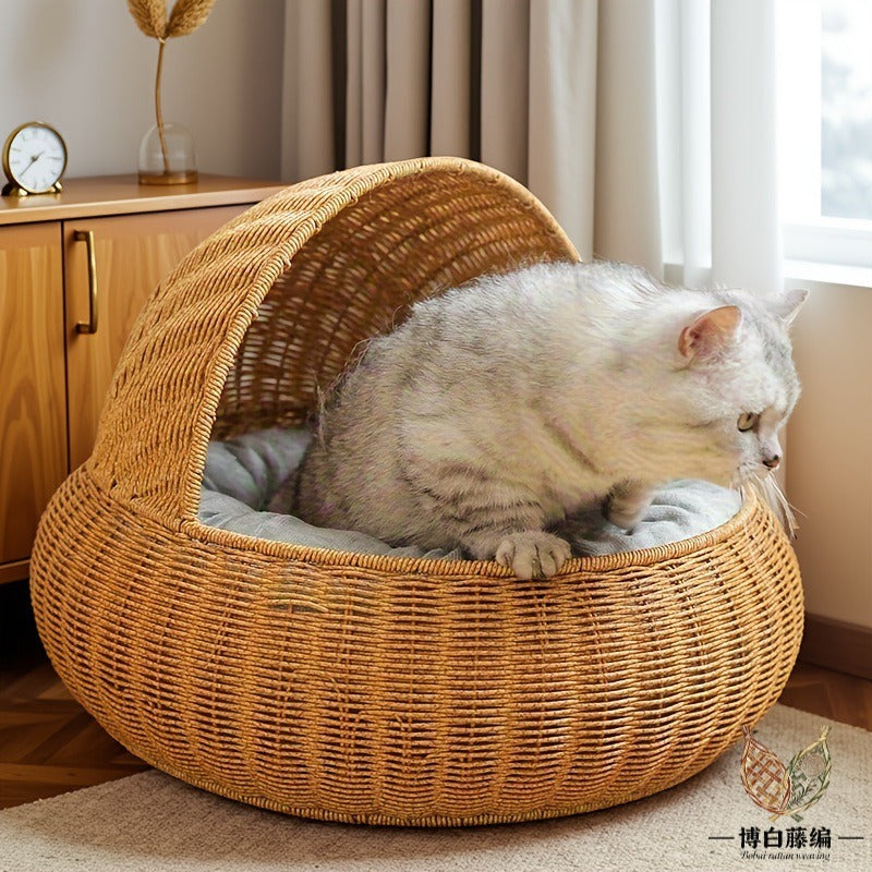 Handwoven Rattan Cat Bed, Eco-Friendly & Washable for Kittens & Cats, All-Season Breathable Cat House