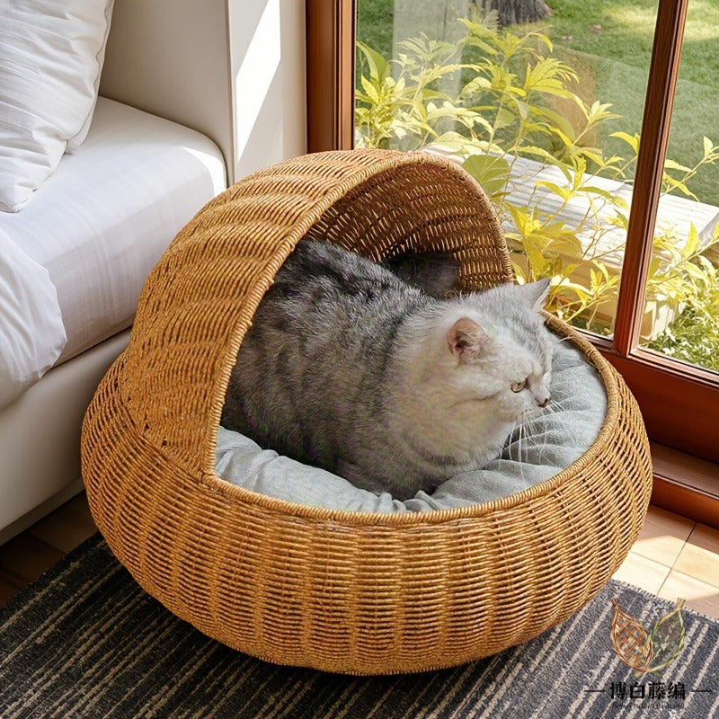Handwoven Rattan Cat Bed, Eco-Friendly & Washable for Kittens & Cats, All-Season Breathable Cat House