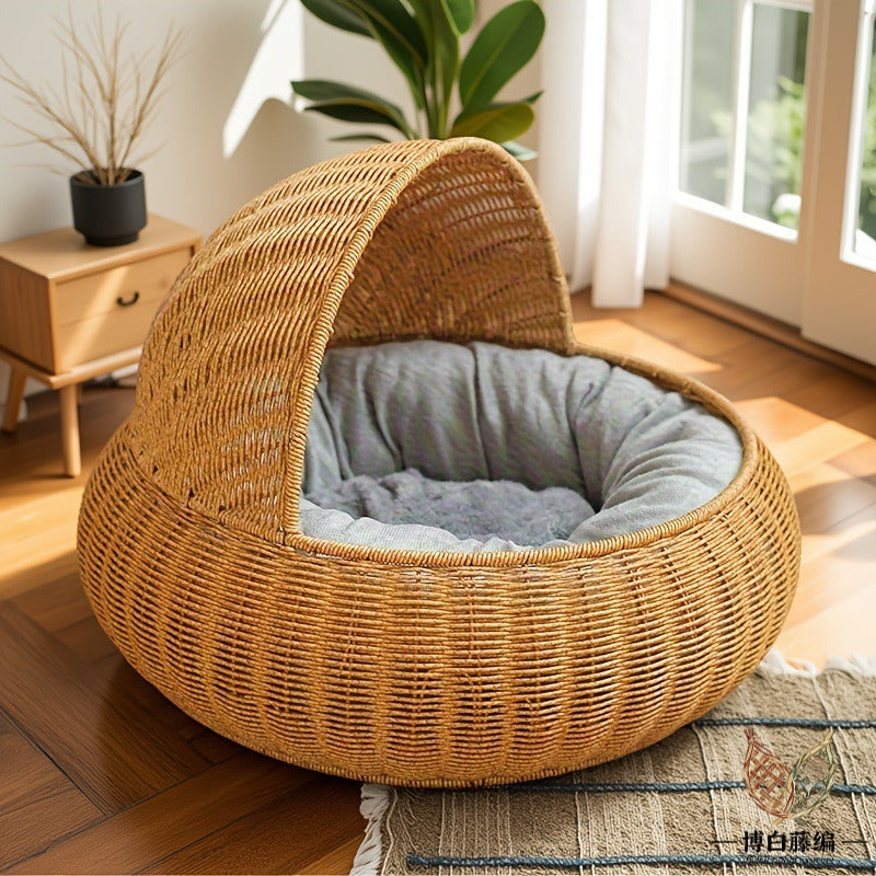 Handwoven Rattan Cat Bed, Eco-Friendly & Washable for Kittens & Cats, All-Season Breathable Cat House