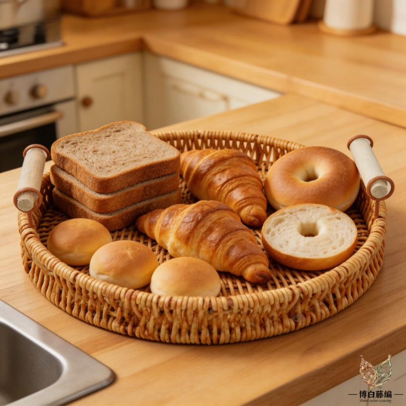 Handwoven Rattan Bread Tray, Eco-Friendly Natural Fruit & Snack Tray, Desktop Storage