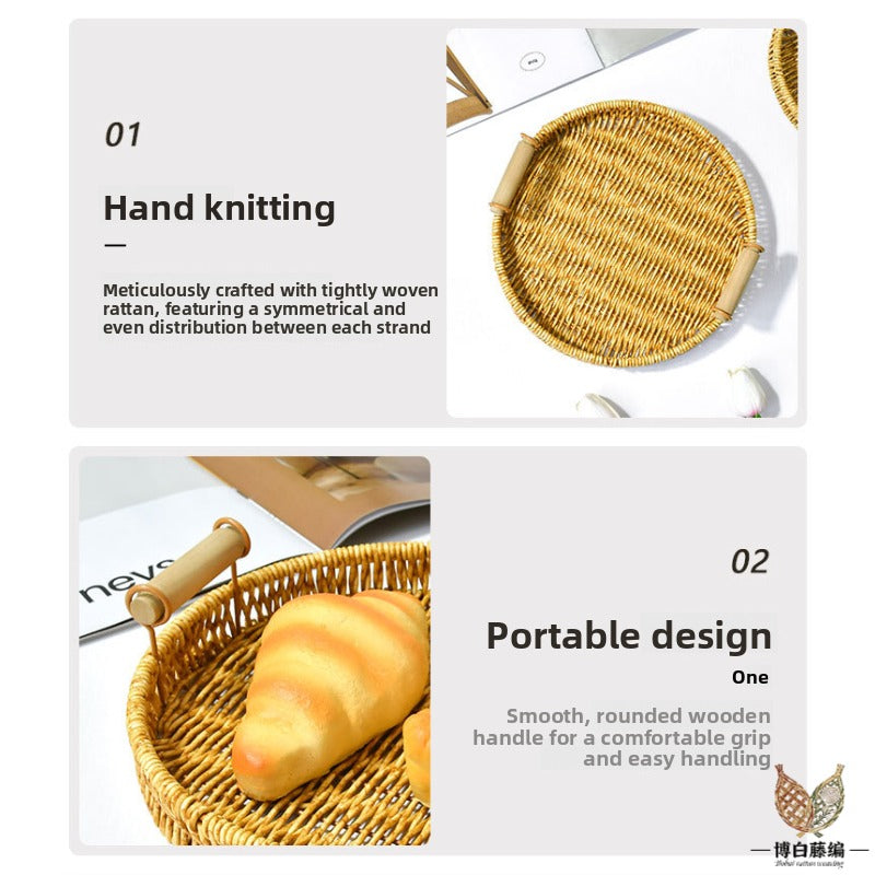 Handwoven Rattan Bread Tray, Eco-Friendly Natural Fruit & Snack Tray, Desktop Storage