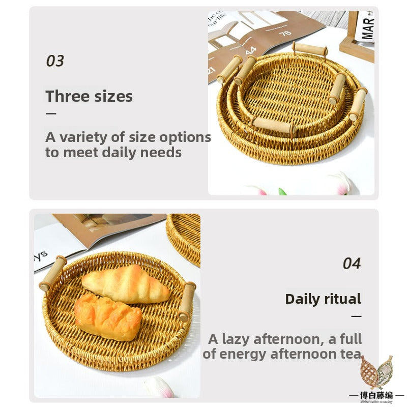 Handwoven Rattan Bread Tray, Eco-Friendly Natural Fruit & Snack Tray, Desktop Storage