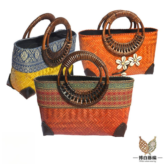 Handwoven bamboo bag, round ethnic style tote, eco-friendly natural bamboo handbag for women.
