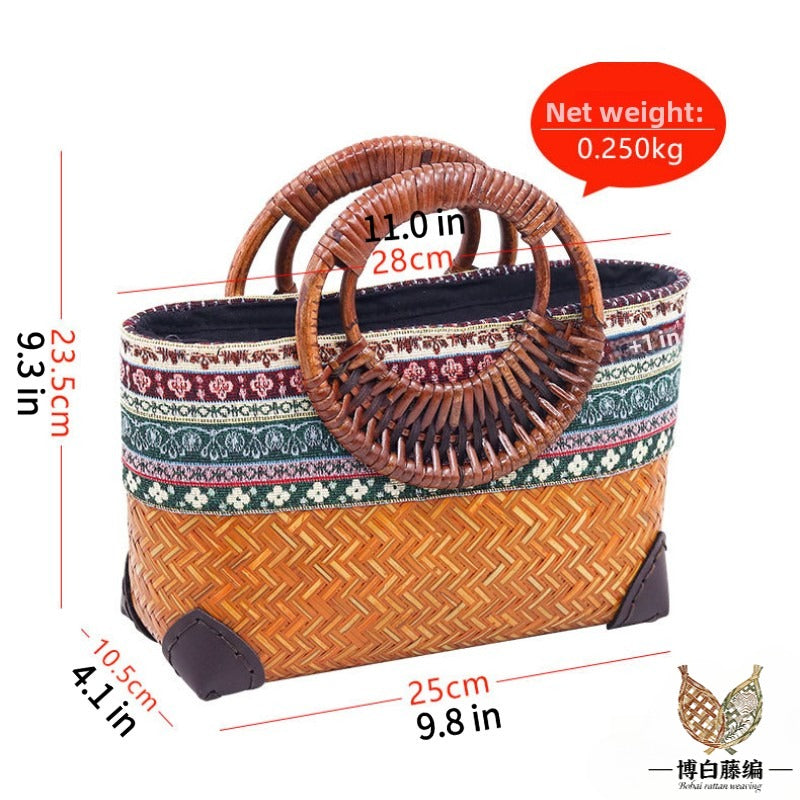 Handwoven bamboo bag, round ethnic style tote, eco-friendly natural bamboo handbag for women.