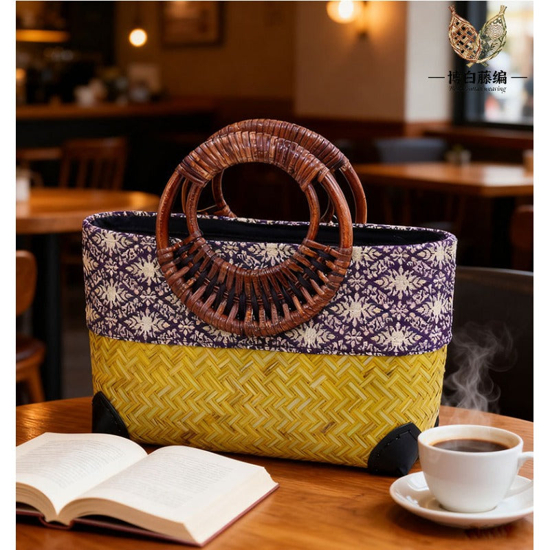 Handwoven bamboo bag, round ethnic style tote, eco-friendly natural bamboo handbag for women.