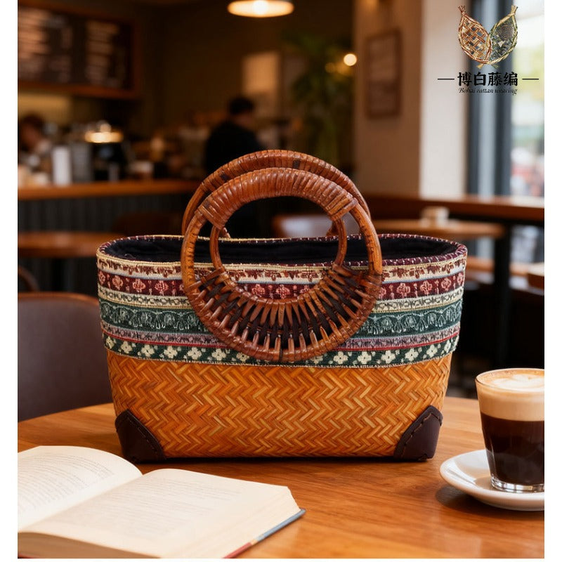 Handwoven bamboo bag, round ethnic style tote, eco-friendly natural bamboo handbag for women.