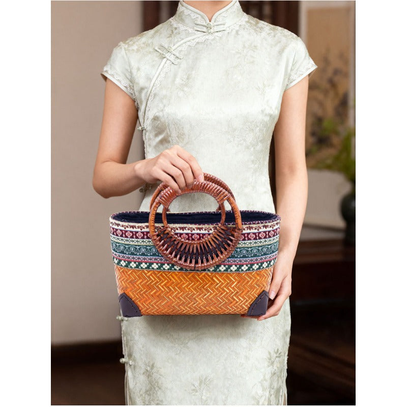 Handwoven bamboo bag, round ethnic style tote, eco-friendly natural bamboo handbag for women.