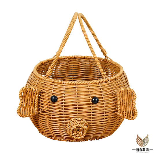 Round Piggy Handwoven Rattan Basket, Eco-Friendly Toy & Fruit Storage, Handmade