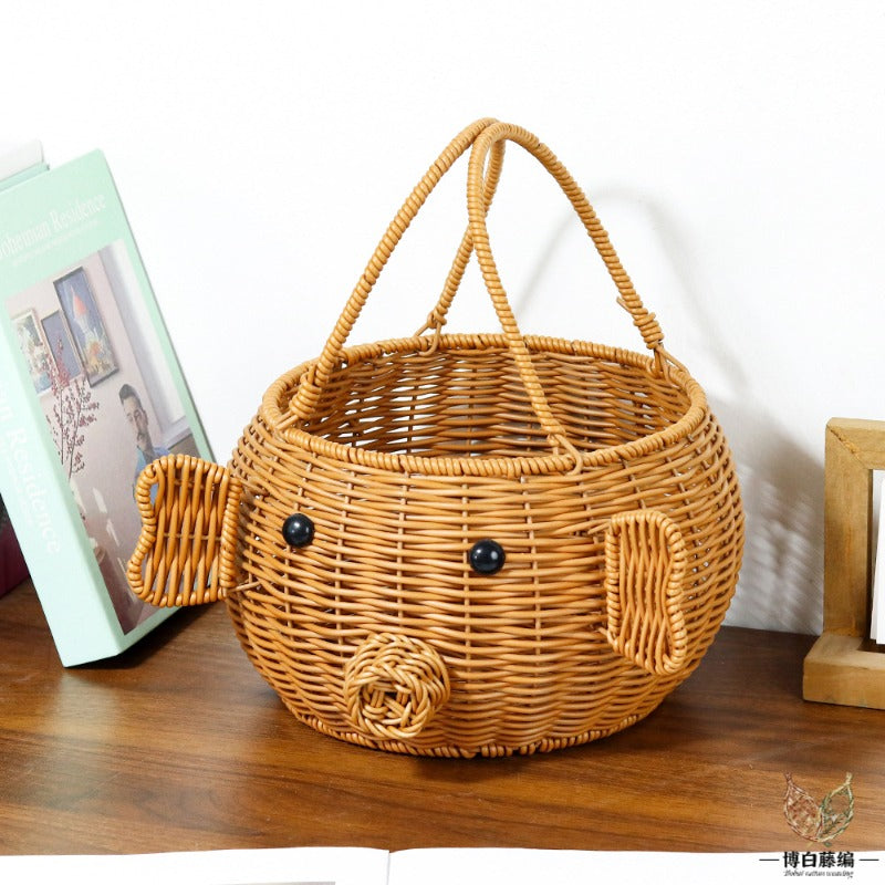 Round Piggy Handwoven Rattan Basket, Eco-Friendly Toy & Fruit Storage, Handmade