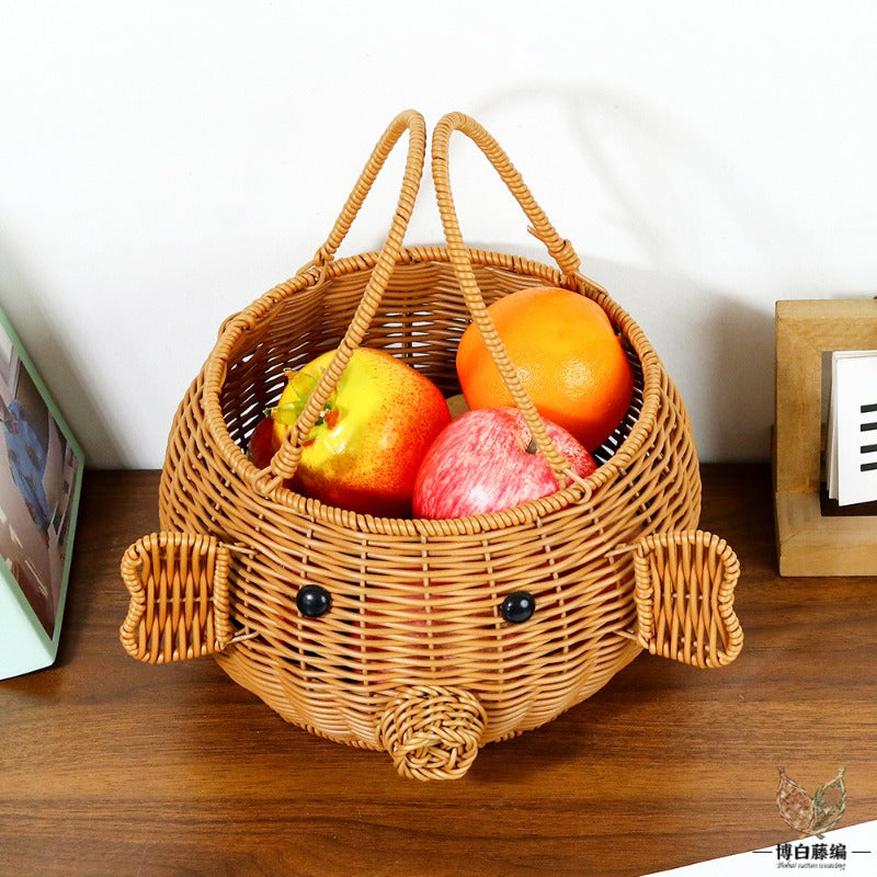 Round Piggy Handwoven Rattan Basket, Eco-Friendly Toy & Fruit Storage, Handmade