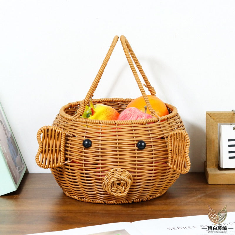 Round Piggy Handwoven Rattan Basket, Eco-Friendly Toy & Fruit Storage, Handmade