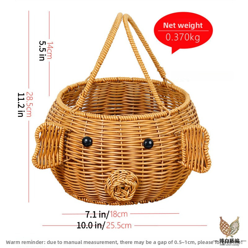 Round Piggy Handwoven Rattan Basket, Eco-Friendly Toy & Fruit Storage, Handmade