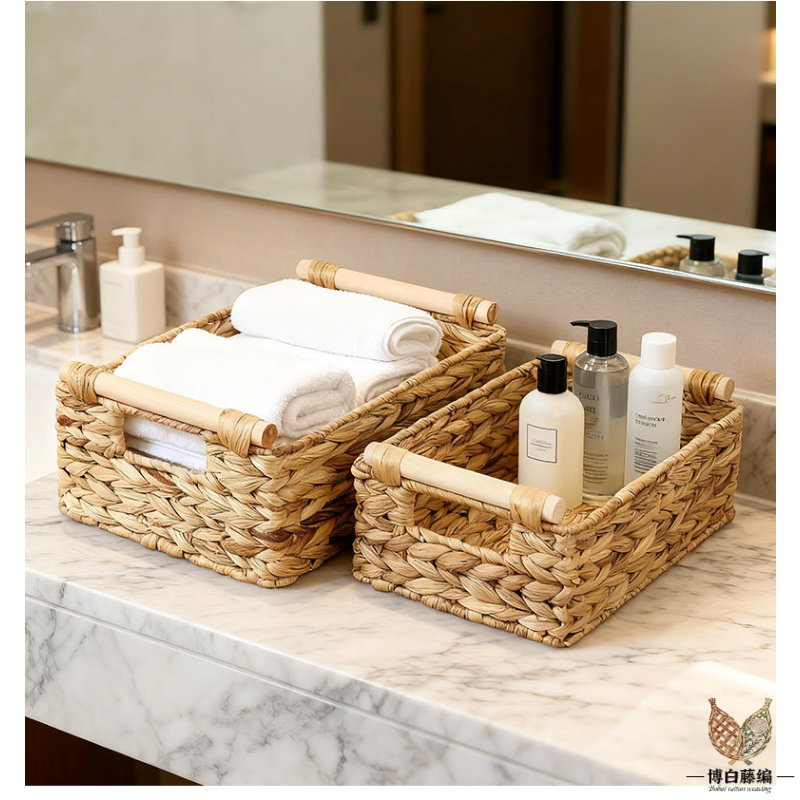 Handwoven Water Hyacinth Bathroom Storage Basket with Wooden Handles, 3-Piece Set, Essential for Home Organization