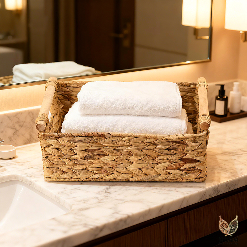 Handwoven Water Hyacinth Bathroom Storage Basket with Wooden Handles, 3-Piece Set, Essential for Home Organization