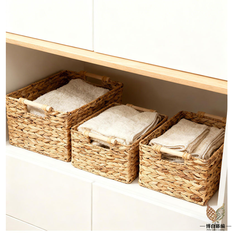 Handwoven Water Hyacinth Bathroom Storage Basket with Wooden Handles, 3-Piece Set, Essential for Home Organization