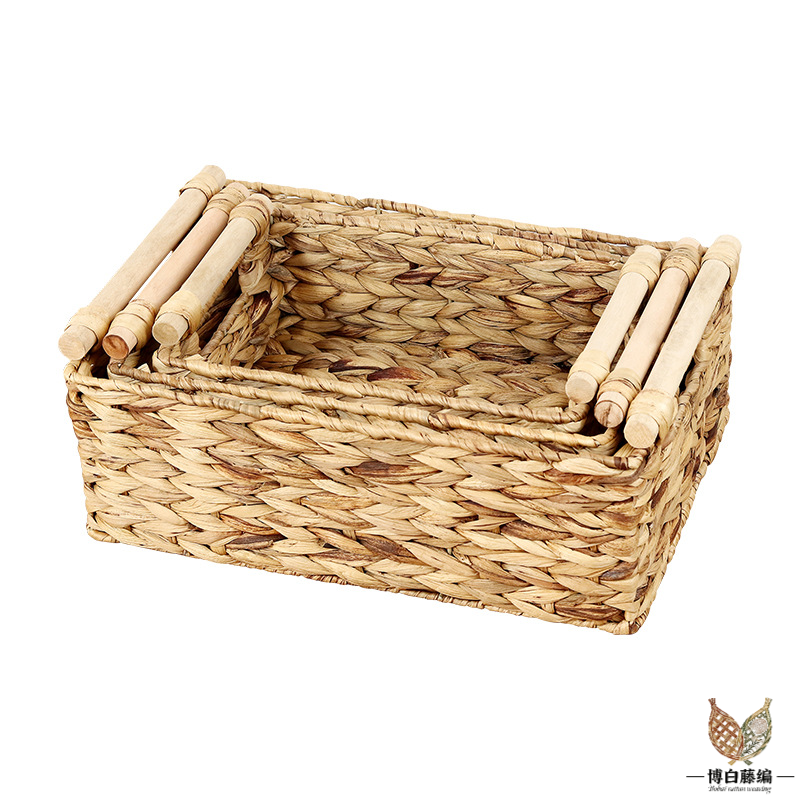 Handwoven Water Hyacinth Bathroom Storage Basket with Wooden Handles, 3-Piece Set, Essential for Home Organization