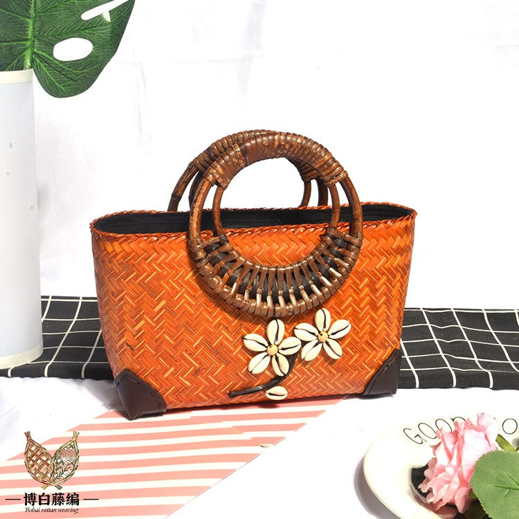 Handwoven bamboo bag, round ethnic style tote, eco-friendly natural bamboo handbag for women.