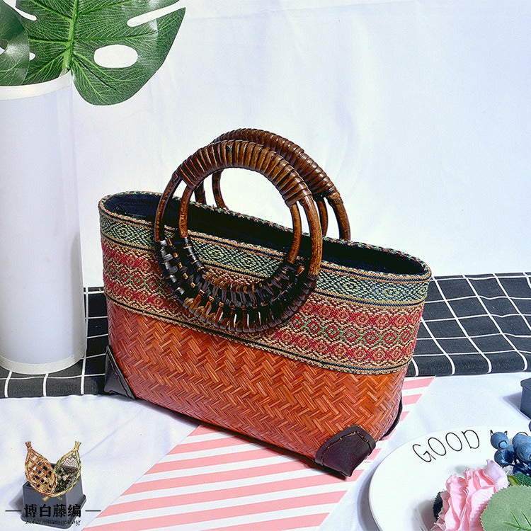 Handwoven bamboo bag, round ethnic style tote, eco-friendly natural bamboo handbag for women.