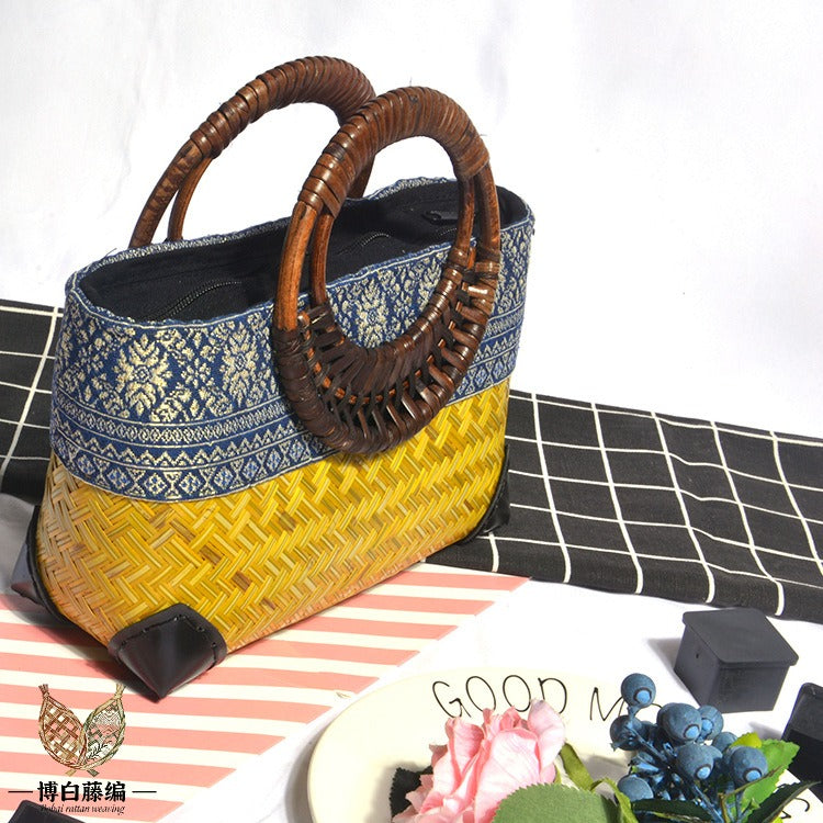 Handwoven bamboo bag, round ethnic style tote, eco-friendly natural bamboo handbag for women.